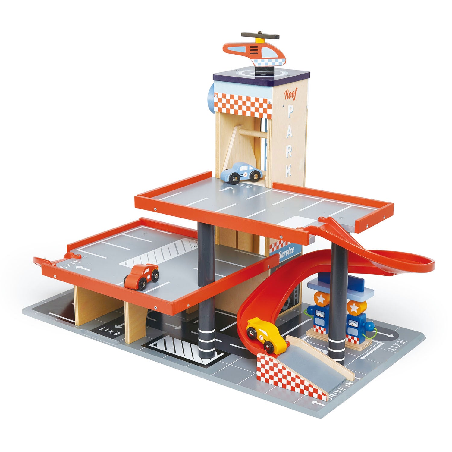 Tender Leaf Toys Blue Bird Service Station - Wooden Garage With Cars & Helicopter